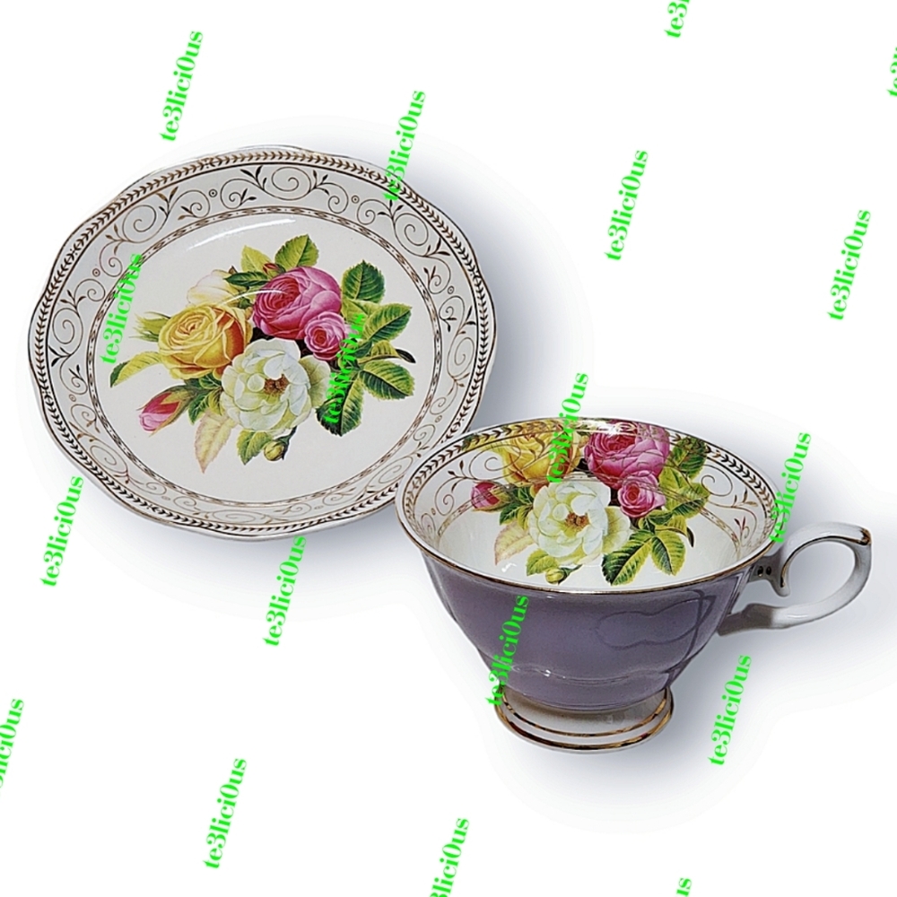 GRACE TEAWARE LAVENDER FLORAL ROSE GOLD TRIM FINE PORCELAIN TEACUP & SAUCER